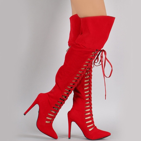 HOT🔥 Strappy Cage Lace Up Over The Knee High Boot - Picture 2 of 3